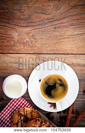Coffee with Bakery on Woody Retro Background