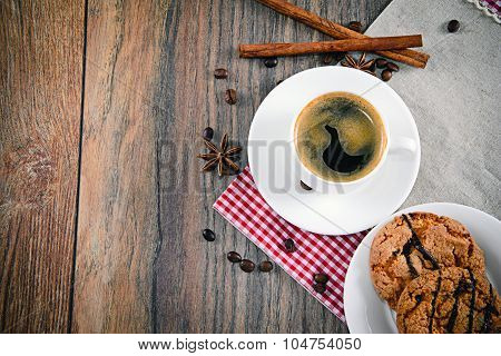 Coffee with Bakery on Woody Retro Background