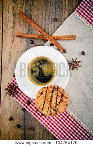 Coffee with Bakery on Woody Retro Background