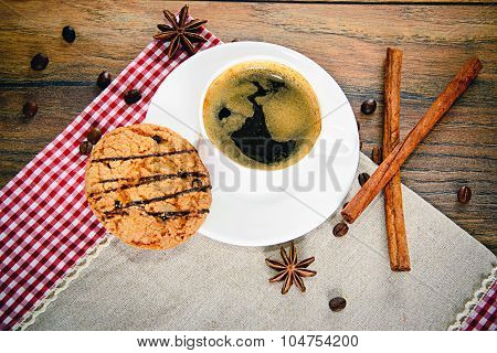 Coffee with Bakery on Woody Retro Background