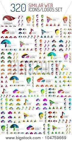 Mega set of 320 similar web universal icons and logos in glossy paper style - eco leaf, light bulb, arrow, cloud, umbrella and music