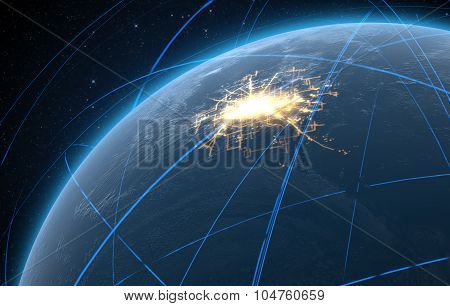Planet With Illuminated City And Light Trails