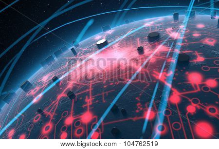 Alien Planet With Illuminated Network And Light Trails