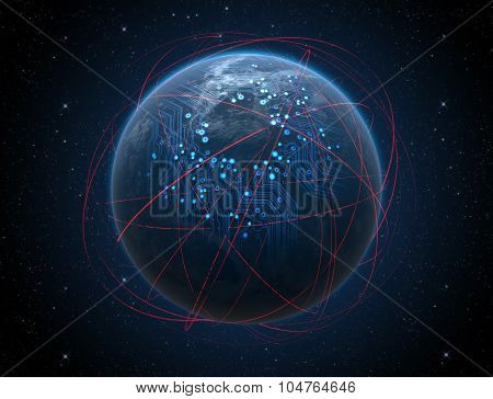 Planet With Illuminated Network And Light Trails