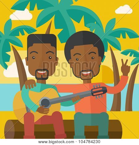 Two happy african-american men sitting on a log playing a guitar at the beach under palm trees vector flat design illustration. Square layout.