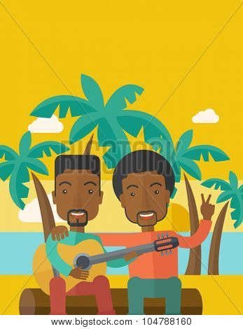 Two happy african-american men  sitting on a log playing a guitar at the beach under palm trees vector flat design illustration. Vertical layout with a text space.