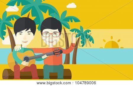 Two happy asian men  sitting on a log playing a guitar at the beach under palm trees vector flat design illustration. Horizontal layout with a text space.