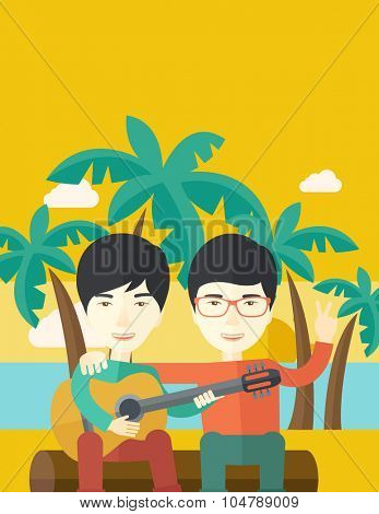 Two happy asian men  sitting on a log playing a guitar at the beach under palm trees vector flat design illustration. Vertical layout with a text space.