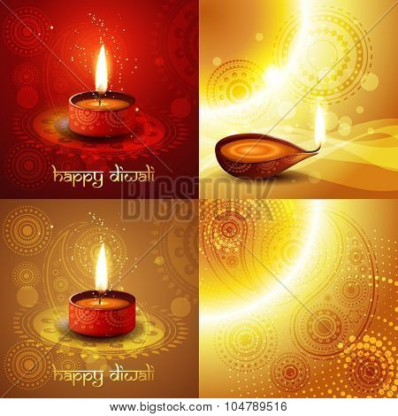 vector set of diwalli background illustration with decorated diya placed on rangoli design