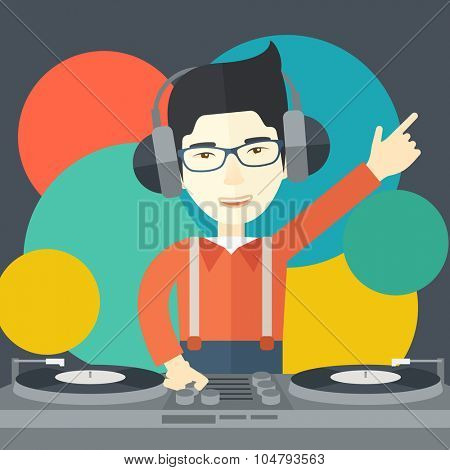 An Asian DJ wearing headphones and glasses with hand up playing vinyl vector flat design illustration. Square layout.