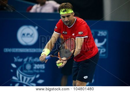 KUALA LUMPUR, MALAYSIA - OCTOBER 03, 2015: Spain's tennis player David Ferrer prepares to serve at the 2015 Malaysian Open tennis tournament from Sep 26 - Oct 4, 2015 in Stadium Putra.