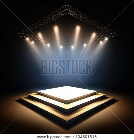 3d render illustration blank template layout of empty stage illuminated by spotlights. Empty copy space to place your text, object, or logo.