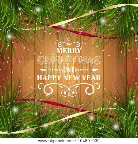 Merry Christmas and Happy New Year greeting card on wooden texture