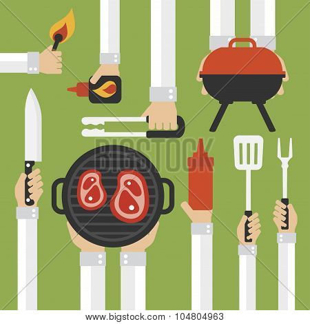 Barbecue and grill modern design flat ,with hands