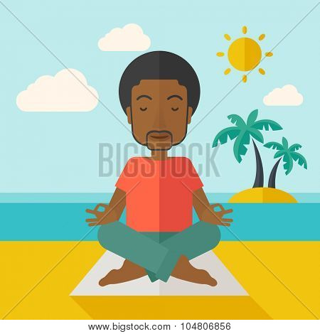 An African American man meditating in lotus pose on the beach vector flat design illustration. Square layout.