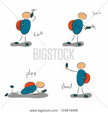 Boy With Mobile Four Icons