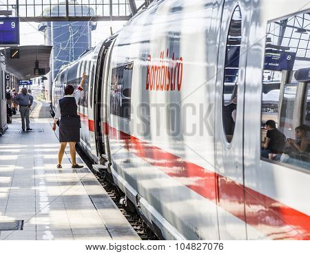 Conductor Gives The All Right Sign For Leaving The Train Station
