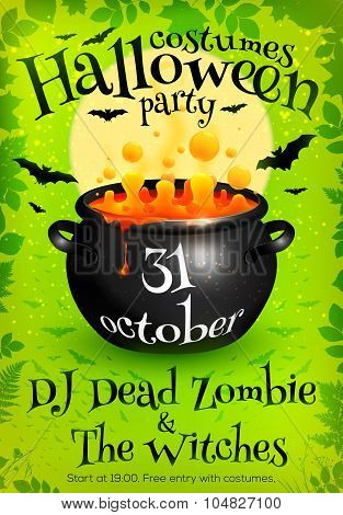 Bright green Halloween party poster template with orange witches brew in cauldron, moon and bats