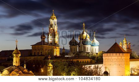 Panorama Of The Trinity Lavra Of St. Sergius After Sunset With A Spectacular Backlight