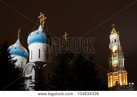 Night view of the Assumption Cathedral and the bell tower of the Trinity Lavra of St. Sergius