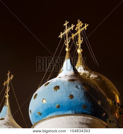 Domes and crosses of the Assumption Cathedral of the Trinity Lavra of St. Sergius at night