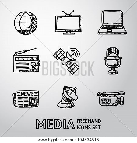 Set of handdrawn media icons - news, radio, tv, internet, earth, satellite, camera, microphone. Vect