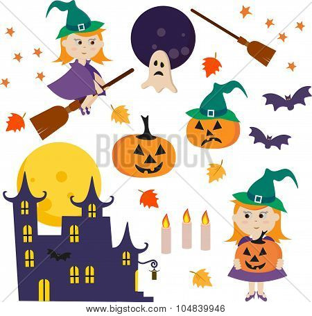 Vector Illustration With Collection Of Halloween Icons