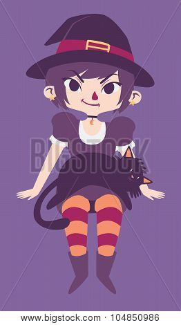 Cute Witch With A Black Cat Laying On Her Lap