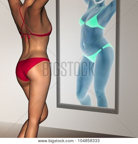 Concept or conceptual 3D woman, girl as fat, overweight vs fit healthy, skinny underweight anorexic female before and after diet over a mirror