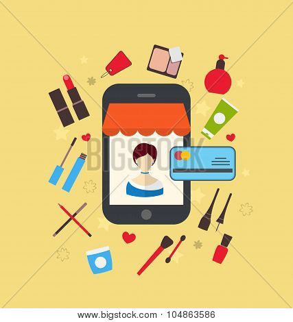 Woman buys cosmetic merchandises in online store. E-commerce con