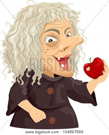 Illustration of a Scary Old Hag Holding a Shiny Apple