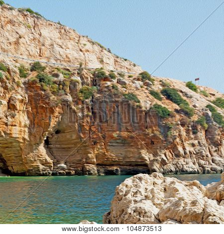 Asia In Thurkey Antalya Lycia Way Water Rocks And Sky Near The Nature