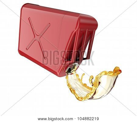 Red Jerry Can With Fuel Pouring And Splasing Out Of It
