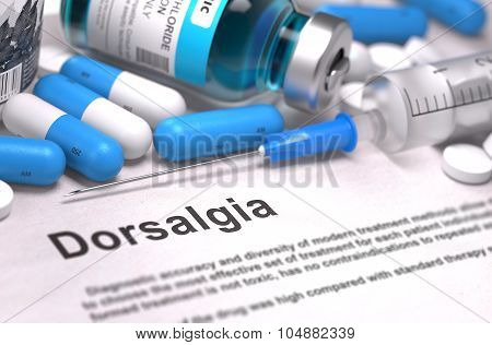 Diagnosis - Dorsalgia. Medical Concept. 3D Render.