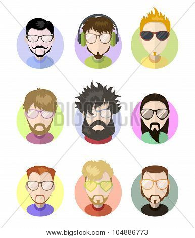Set Avatars Profile Flat Icons, Different Characters. Trendy Beards, Glasses.
