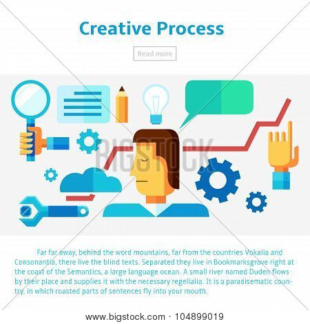 Creative Process Concept Illustration In Flat Infographic Style. Collection Of Icons.