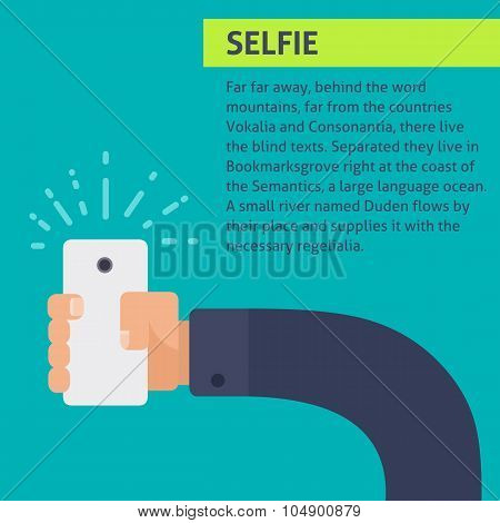 Vector Flat Illustration Hand Holding Smartphone Taking Selfie On Turquoise Background.