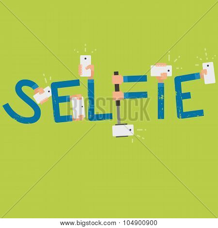 Selfie Sign Vector Illustration. Hands Holding Smartphones Taking A Selfie In Infographic Flat style