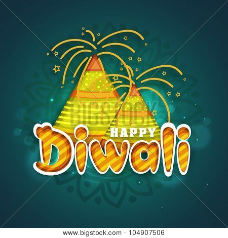Colourful glossy firecrackers on shiny floral decorated background for Indian Festival of Lights, Happy Diwali celebration.
