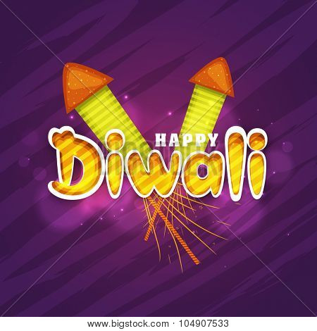 Indian Festival of Lights, Happy Diwali celebration with glossy colourful firecrackers on purple background.