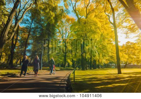 Colourfull illustration of autumn season in city park in oil painting style