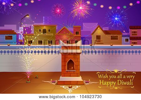 Indian house decorated with diya in Diwali night
