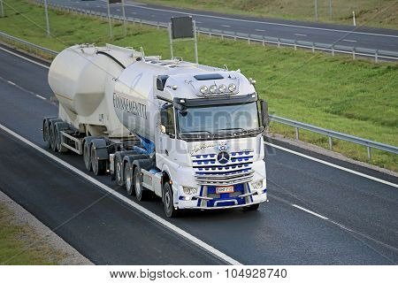 White Mercedes-Benz Arocs For Cement Haul On Motorway