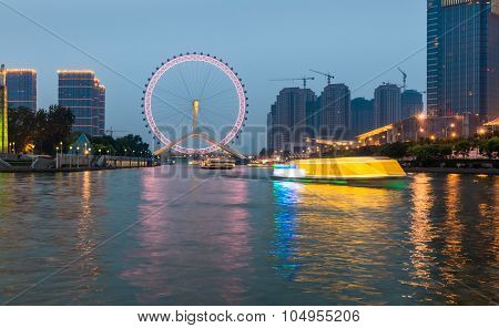 Beautiful Night View Of The Haihe River In Tianjin , China