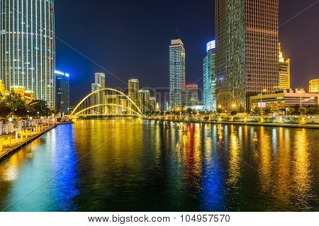 Beautiful Night View Of The Haihe River In Tianjin , China