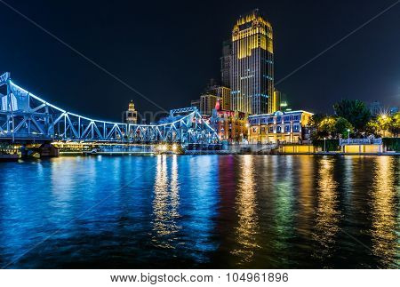 Beautiful Night View Of The Haihe River In Tianjin , China