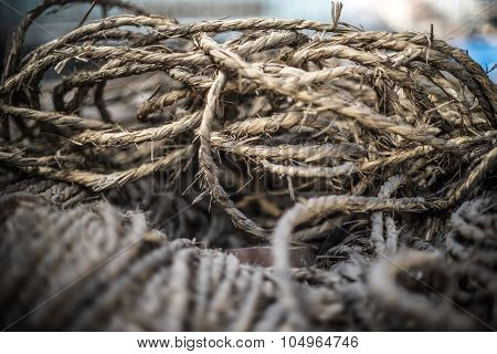 Ship Ropes Heap. Pile Of Various Ropes And Strings. Closeup Of Cordage. Background Nautical Texture