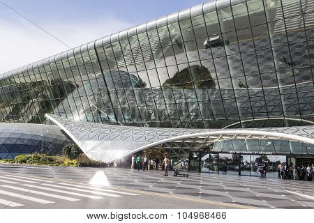View Of Tourists Coming Out Of The Airport In Baku, Azerbaijan.