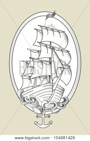 Tattoo ship black and white stencil vector