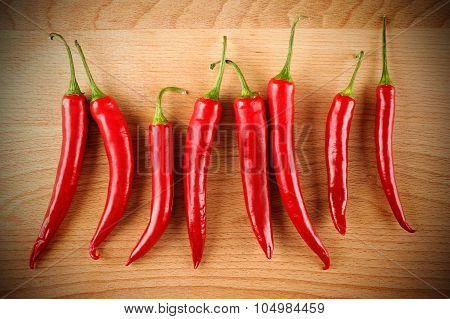 Red Hot Peppers On Wood Board